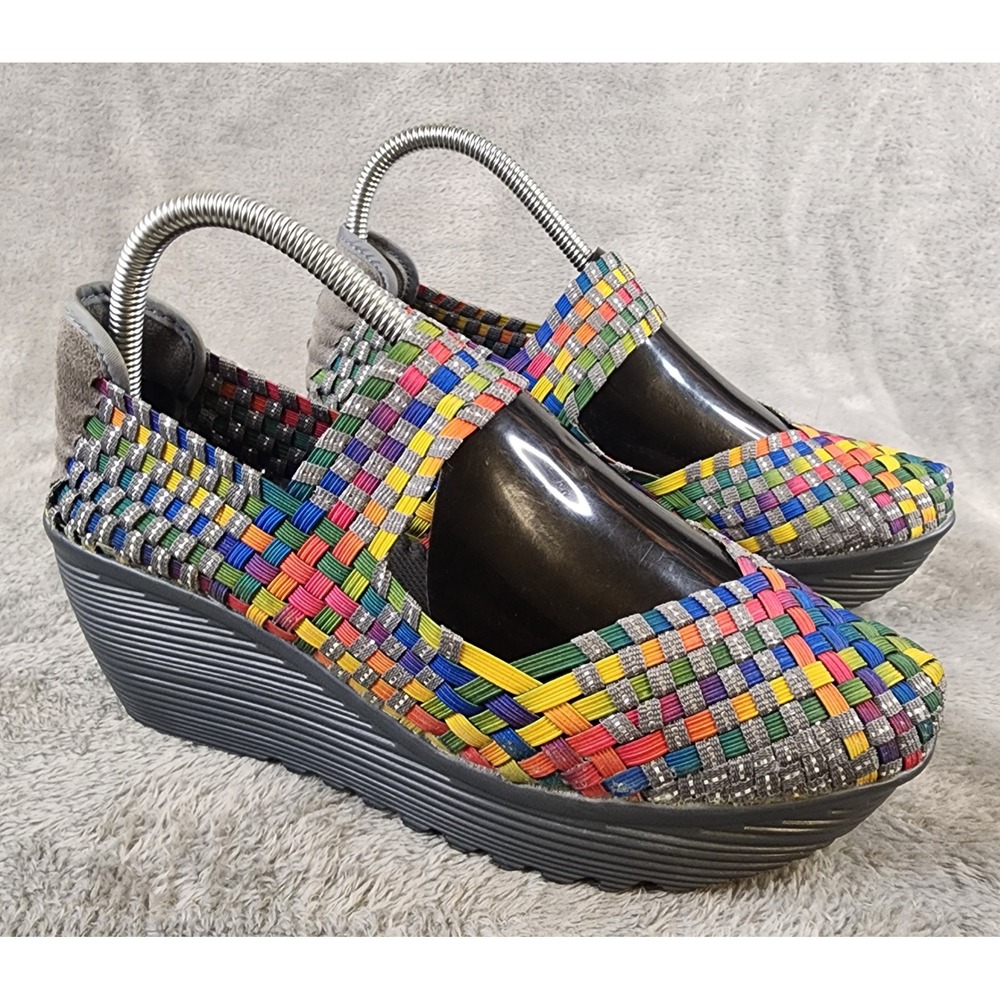 St Johns Bay Shoes Womens Size 8M Rainbow Woven Elastic Wedge Mary Jane Boho